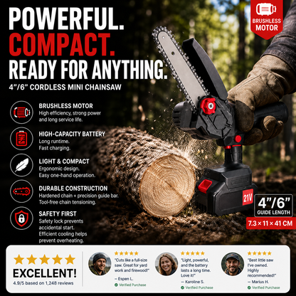 🪓 Mini sierra portátil sin escobillas: motor potente, batería de larga duración, ligera y ergonómica. Perfecta para podar, trabajar la madera y jardinería: ¡segura y eficiente! 🌳🔋