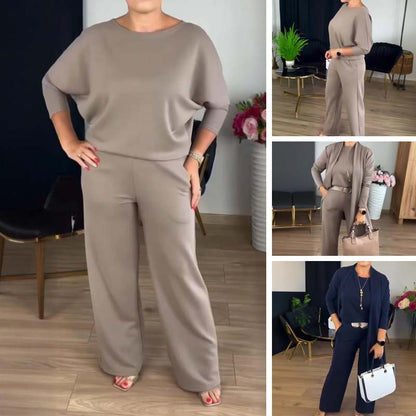 Elegante Cárdigan de Línea Larga y Top & Pantalones Conjunto de 3 Piezas