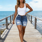Shorts de Mezclilla Rotos de Cintura Elástica con Cordón para Mujer