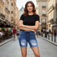 Shorts de Mezclilla Rotos de Cintura Elástica con Cordón para Mujer