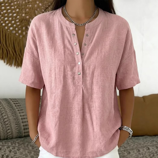 💖 Blusa informal holgada de algodón y lino con cuello abotonado y color liso para mujer