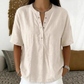 💖 Blusa informal holgada de algodón y lino con cuello abotonado y color liso para mujer