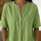 💖 Blusa informal holgada de algodón y lino con cuello abotonado y color liso para mujer
