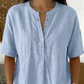 💖 Blusa informal holgada de algodón y lino con cuello abotonado y color liso para mujer