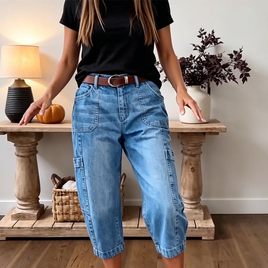 👖 ¡50% DE DESCUENTO POR TIEMPO LIMITADO! ✨ Pantalones vaqueros cortos elásticos informales para mujer – Corte recto, cintura media, múltiples bolsillos 🌿