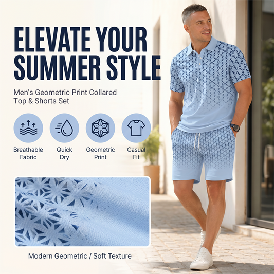 ⏳Oferta por tiempo limitado⏰ Conjunto de camiseta con cuello y pantalón corto para hombre con estampado geométrico: diseño moderno y transpirable para un look coordinado 🔷