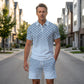 ⏳Oferta por tiempo limitado⏰ Conjunto de camiseta con cuello y pantalón corto para hombre con estampado geométrico: diseño moderno y transpirable para un look coordinado 🔷