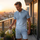 ⏳Oferta por tiempo limitado⏰ Conjunto de camiseta con cuello y pantalón corto para hombre con estampado geométrico: diseño moderno y transpirable para un look coordinado 🔷