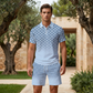 ⏳Oferta por tiempo limitado⏰ Conjunto de camiseta con cuello y pantalón corto para hombre con estampado geométrico: diseño moderno y transpirable para un look coordinado 🔷