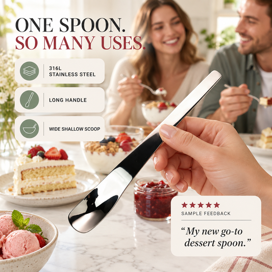 Cuchara de postre de acero inoxidable con mango ergonómico largo.