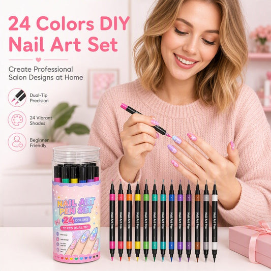 💅 ¡50 % DE DESCUENTO POR TIEMPO LIMITADO! 💥 Set de 24 rotuladores de doble punta para decorar uñas: creativos, con calidad de salón de belleza y fáciles de usar ✨